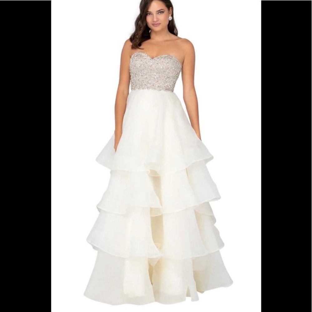 NEW! TERANI Couture # 1911P8497 gold crystals strapless tiered maxi gown dress 6